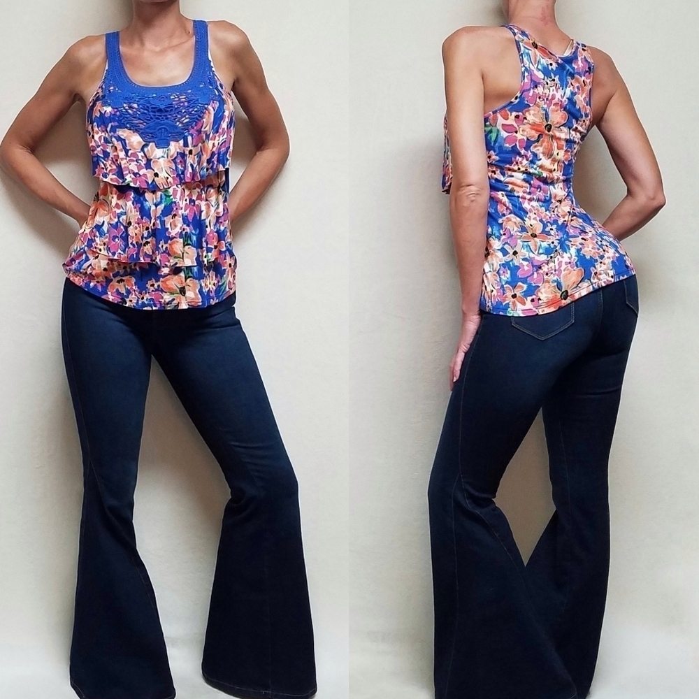Deadstock Vintage 90s Candie's Multi-color Floral Tiered Ruffle Racerback Tank M